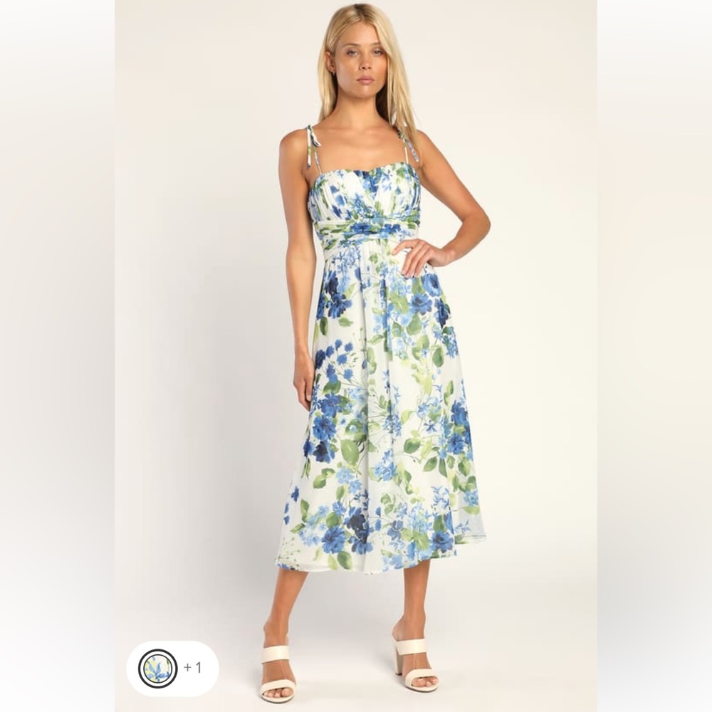 Lulu’s Pretty Poetic White Floral Pleated Tie Strap Dress